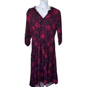 Dark Floral Boho Maxi Dress Sz XL Rayon Tiered Ruffle Long Sleeve Tie Peasant